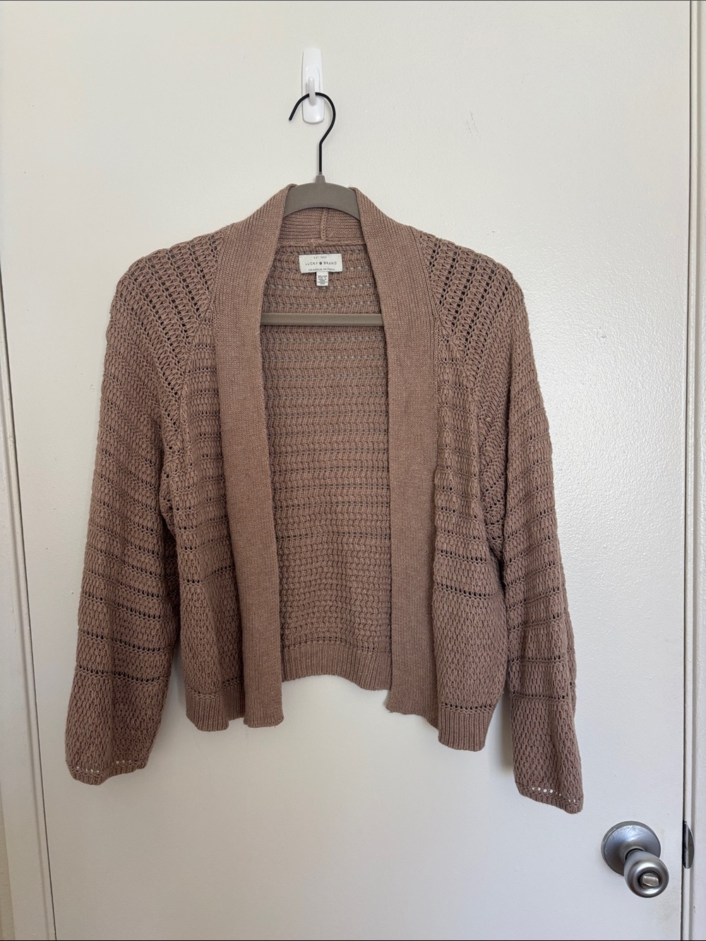 Lucky Brand Open Weave Shawl Collar Cardigan in Taupe